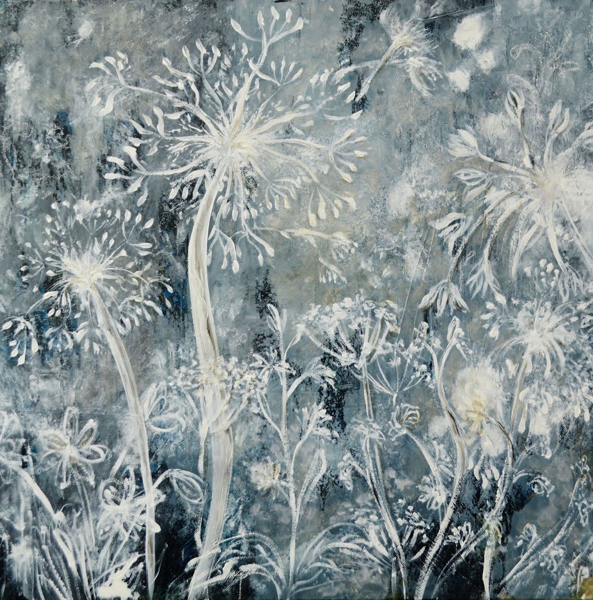 Wild Meadow Flowers White and Grey - Framed Print on Paper