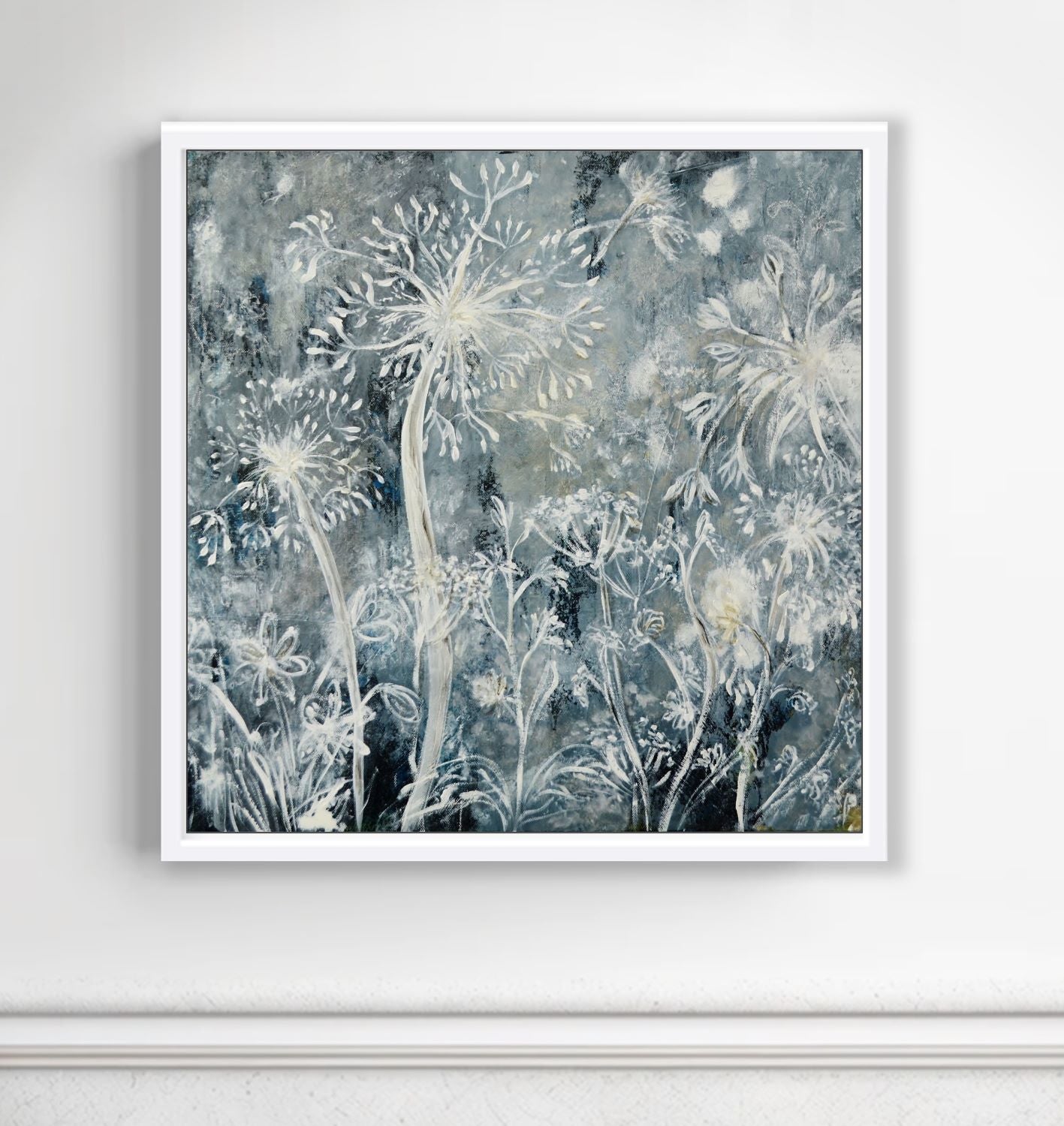Wild Meadow Flowers White and Grey - Framed Print on Paper