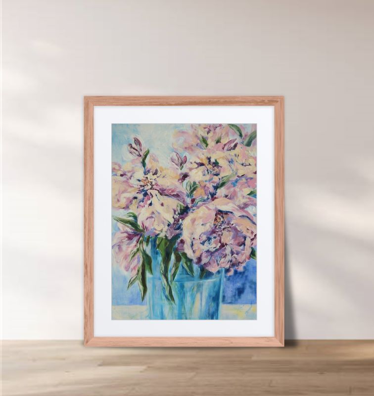 Blush Pink & Azure Peony Harmony Framed & Mounted Fine Art Print