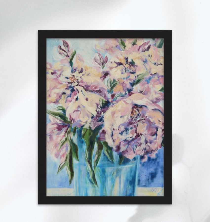 Blush Pink & Azure Peony Harmony Framed Matte Art Print on Paper