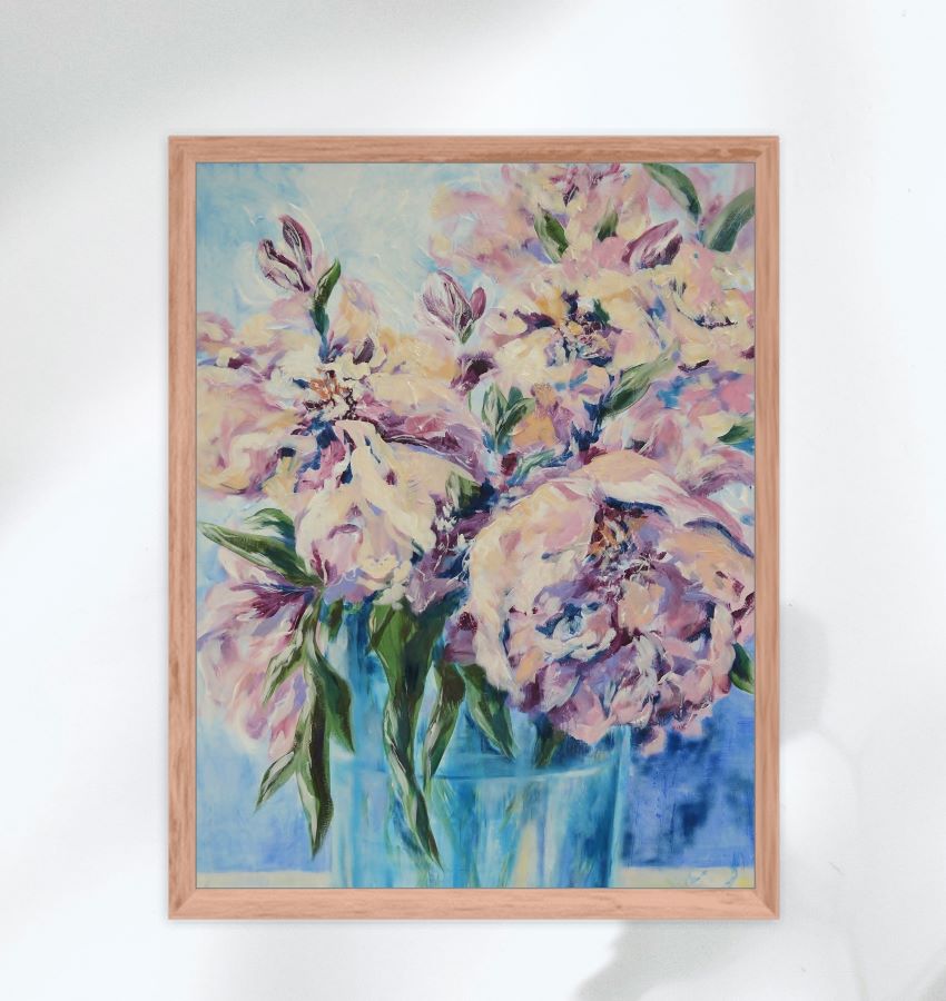 Blush Pink & Azure Peony Harmony Framed Matte Art Print on Paper