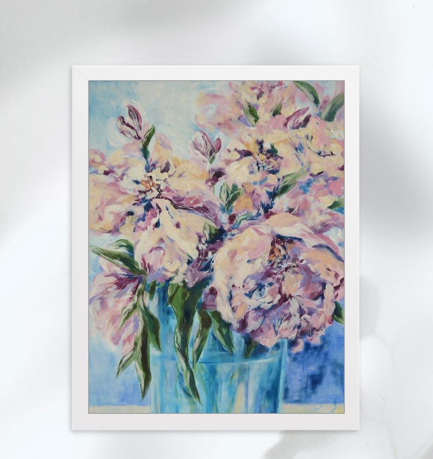 Blush Pink & Azure Peony Harmony Framed Matte Art Print on Paper