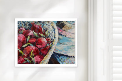 Pomegranate Harvest with Straw hat – framed canvas Print