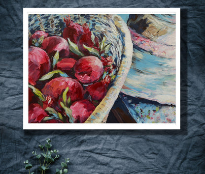 Pomegranate Harvest with Straw hat – framed canvas Print