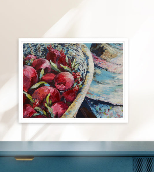 Pomegranate Harvest with Straw hat – framed canvas Print