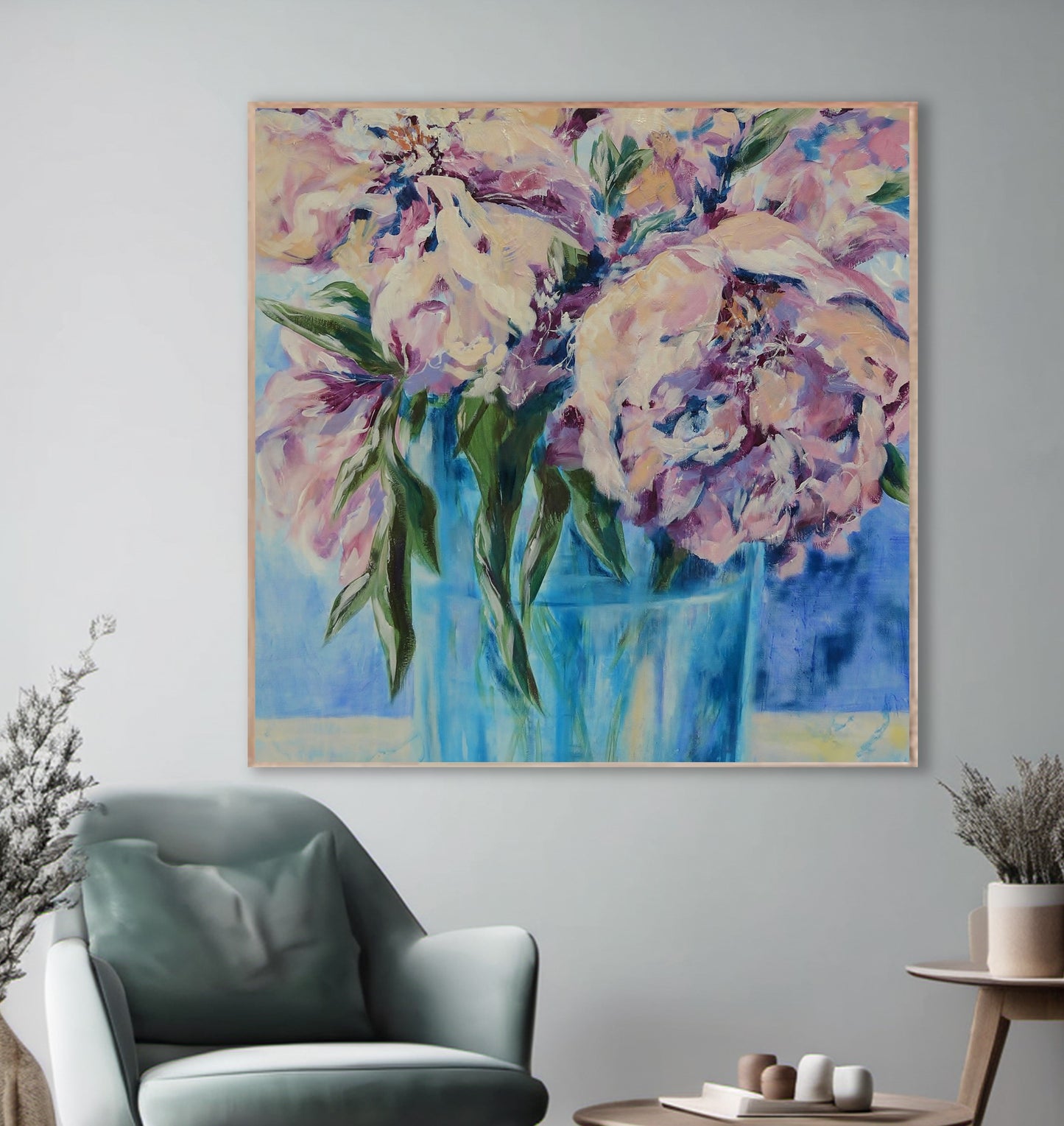 Peony Harmony – Fine Art Canvas Print - Pink Blush & Azure